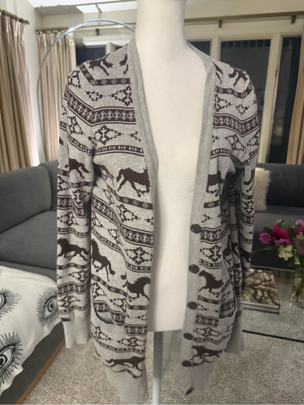 Forever 21 Gray and Brown Horse-Patterned Fair Isle Button Cardigan